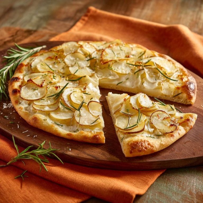 Knusprige Kartoffel-Rosmarin-Pizza, angeschnitten und serviert auf einem Holzbrett, zeigt die knusprige Kruste und die leckeren Kartoffelscheiben.