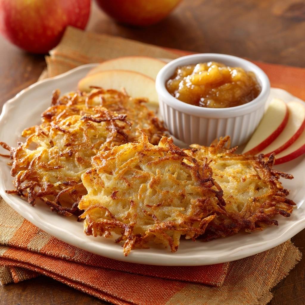 Knusprige Kartoffelreibekuchen Mit Apfelmus Serviert 1 Knusprige Kartoffelreibekuchen mit Apfelmus auf einem Teller serviert, mit Apfelscheiben und Apfelmus in einer kleinen Schale.