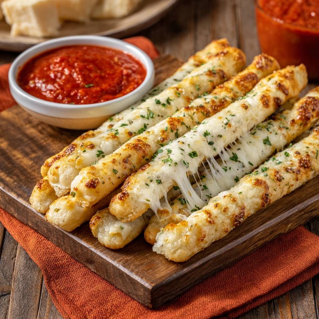 Knusprige Kase Breadsticks Mit Tomatendip Nahaufnahme 1 Knusprige Käse-Breadsticks mit Tomatendip in Nahaufnahme, mit geschmolzenem Käse, der sich zwischen den Brotstangen zieht, serviert auf einem Holzbrett.