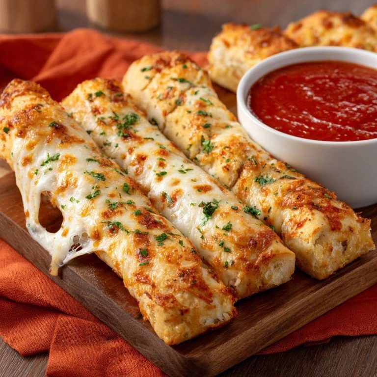 Knusprige Käse-Breadsticks mit Tomatendip in Nahaufnahme, mit geschmolzenem Käse und frischen Kräutern auf einem Holzbrett serviert.