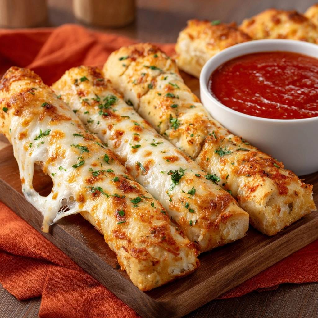 Knusprige Käse-Breadsticks mit Tomatendip in Nahaufnahme, mit geschmolzenem Käse und frischen Kräutern auf einem Holzbrett serviert.