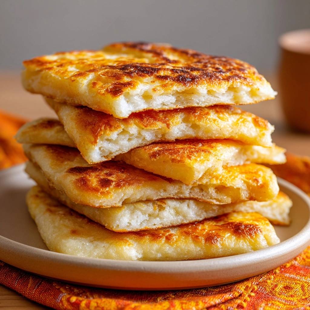 Knusprige Kase Kartoffelpuffer Querschnitt 1 Knusprige Käse-Kartoffelpuffer im Querschnitt, der die goldbraune Kruste und die luftige Innenseite zeigt.
