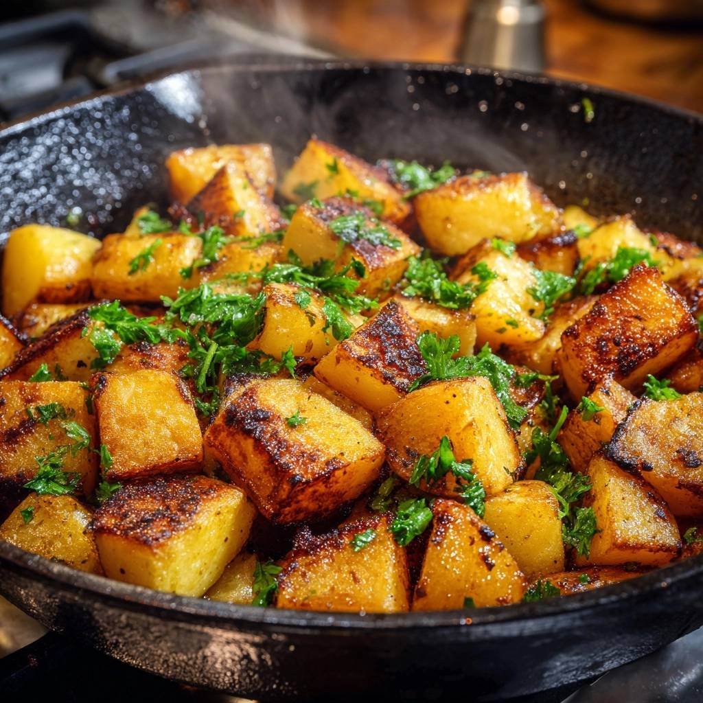 Knusprige Pfannenkartoffeln Nahaufnahme Mit Dampf 1 Knusprige Pfannenkartoffeln in der Nahaufnahme, frisch aus der Pfanne mit Dampf und frischer Petersilie garniert. Ein wahrer Genuss!