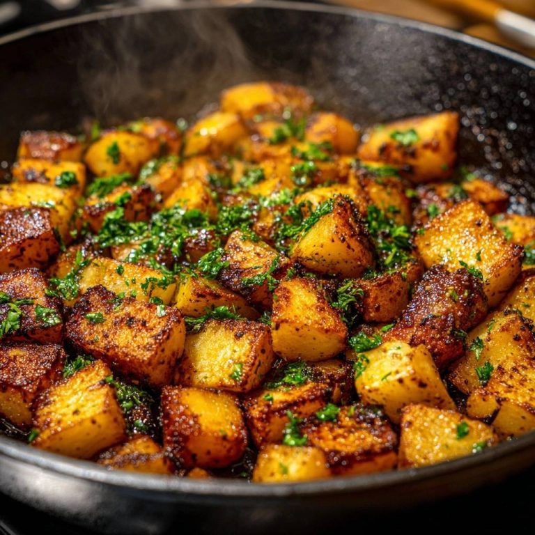 Knusprige Pfannenkartoffeln in einer Pfanne, in Nahaufnahme fotografiert, mit frischer Petersilie garniert und dampfend.