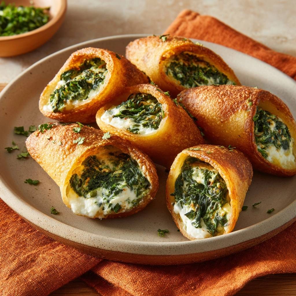 Knusprige Spinat Feta Dill Rollen Nahaufnahme 1 Knusprige Spinat-Feta-Dill-Rollen in Nahaufnahme, gefüllt mit cremigen Käse und frischem Spinat, serviert auf einem rustikalen Teller.