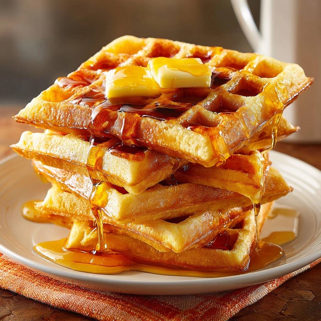 Knusprige Waffeln Mit Butter Ahornsirup Nahaufnahme 1 Knusprige Waffeln mit Butter & Ahornsirup in Nahaufnahme, reichlich mit flüssigem Ahornsirup übergossen und mit Butterflöckchen belegt.