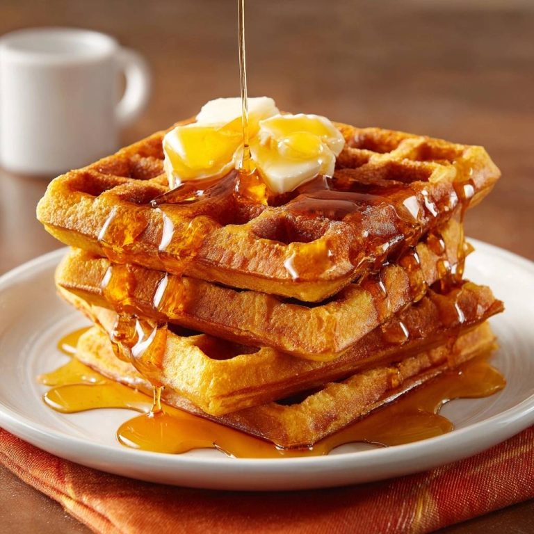 Knusprige Waffeln mit Butter & Ahornsirup sind mit fließendem Ahornsirup übergossen, der über die gestapelten Waffeln fließt.