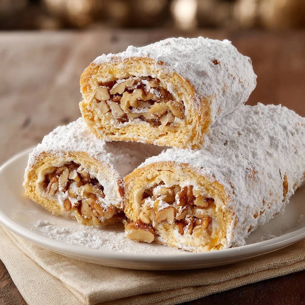 Knusprige Walnuss Quark Strudel Querschnitt 1 Knusprige Walnuss-Quark-Strudel zeigt einen Nahaufnahme-Querschnitt, der die cremige Quarkfüllung und die Walnussstücke im Inneren des Strudels offenbart.