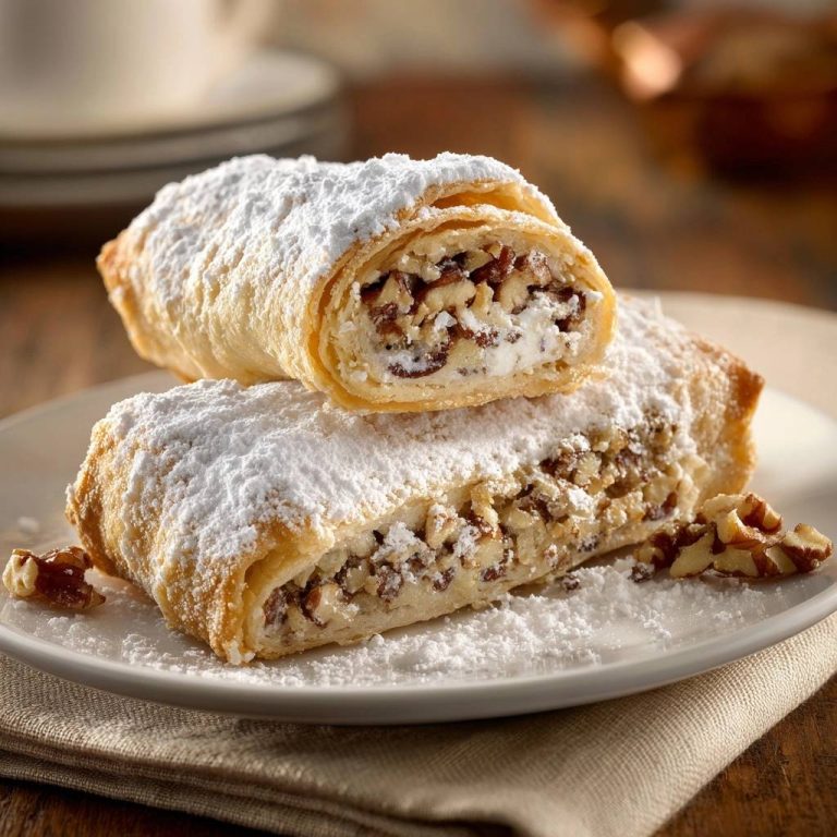 Knusprige Walnuss-Quark-Strudel mit einem saftigen Querschnitt, der die cremige Quarkfüllung und knackigen Walnüsse zeigt.