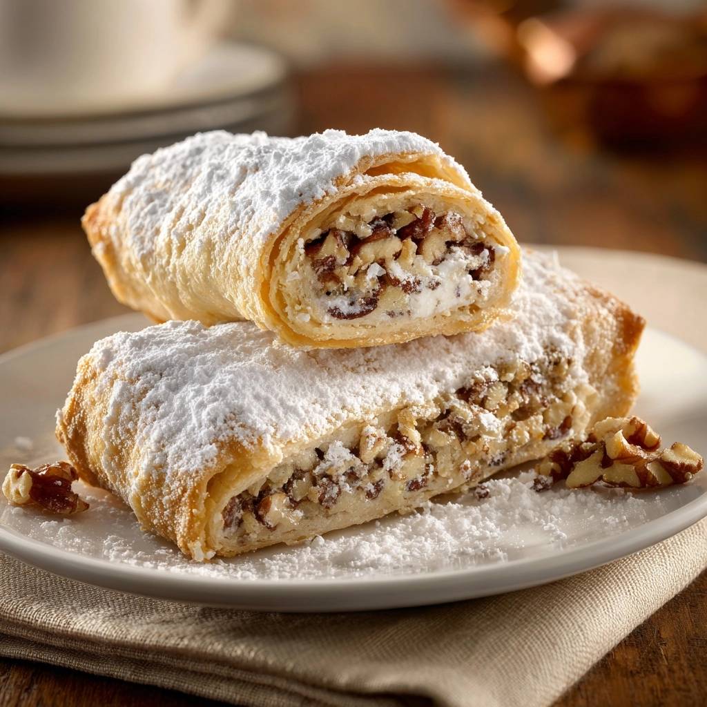 Knusprige Walnuss-Quark-Strudel mit einem saftigen Querschnitt, der die cremige Quarkfüllung und knackigen Walnüsse zeigt.