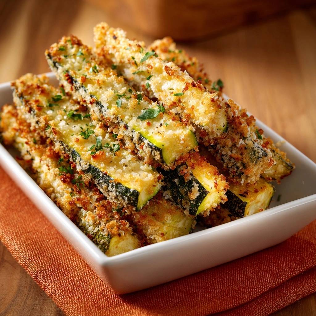 Knusprige Zucchini Sticks Serviert 1 Knusprige Zucchini-Sticks, serviert in einer weißen Schale, sind goldbraun gebacken und mit frischen Kräutern bestreut.
