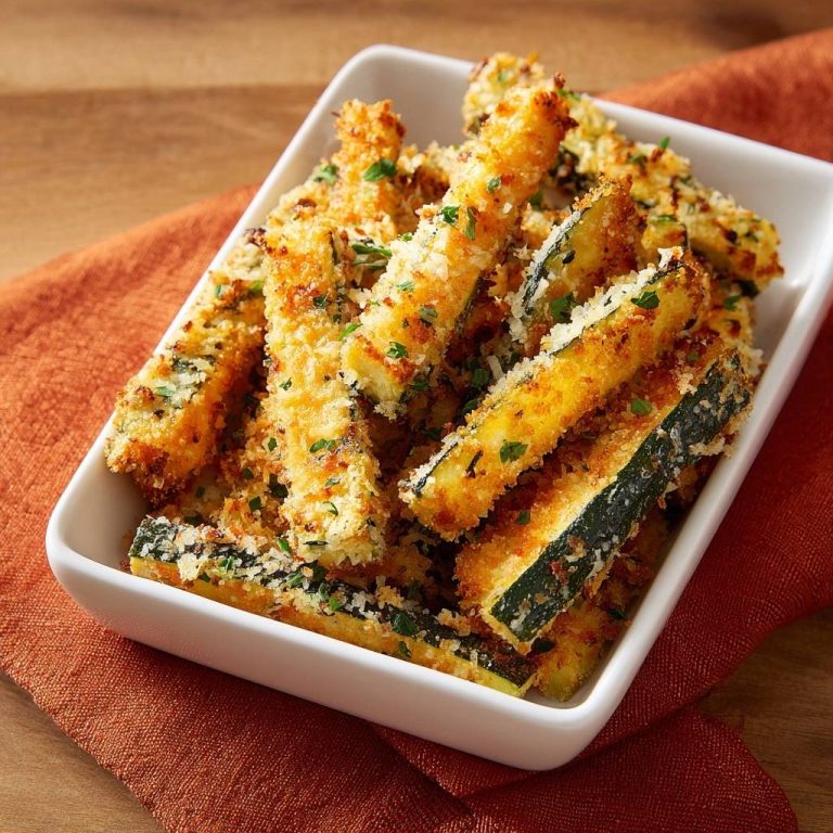 Knusprige Zucchini-Sticks, serviert in einer weißen Schale, sind goldbraun und mit frischen Kräutern garniert. Ein gesunder Snack.