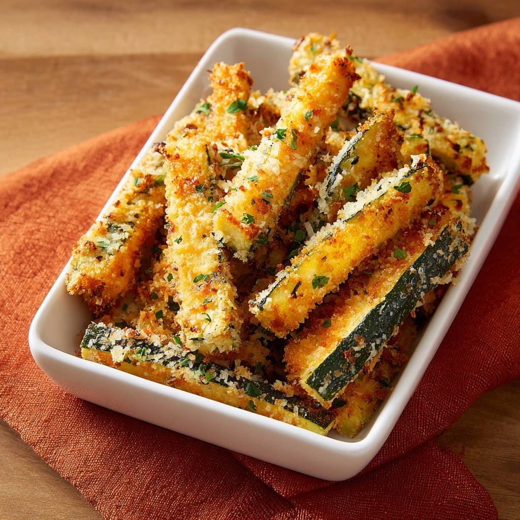 Knusprige Zucchini-Sticks, serviert in einer weißen Schale, sind goldbraun und mit frischen Kräutern garniert. Ein gesunder Snack.