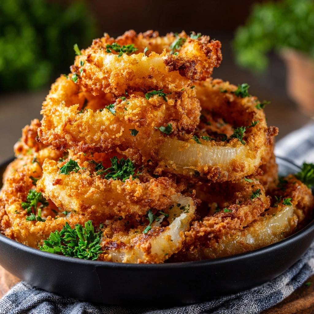 Knusprige Zwiebelringe Nahaufnahme Serviert 1 Knusprige Zwiebelringe, serviert in einer schwarzen Schüssel, zeigen eine köstliche Nahaufnahme der frisch frittierten Zwiebeln, garniert mit Kräutern.