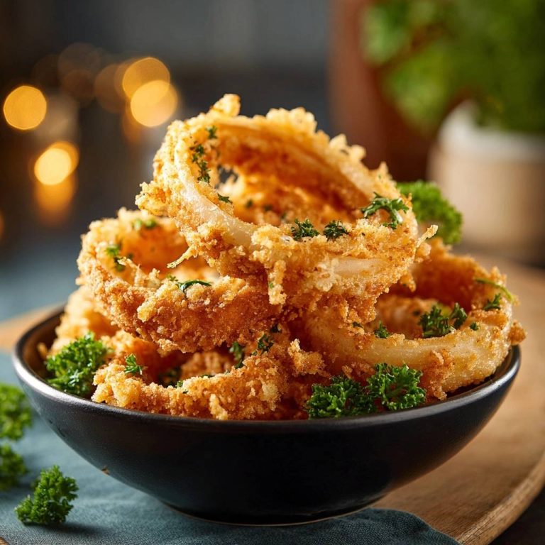 Knusprige Zwiebelringe, serviert in einer schwarzen Schüssel, mit frischer Petersilie garniert. Die goldbraunen Ringe sind perfekt frittiert.