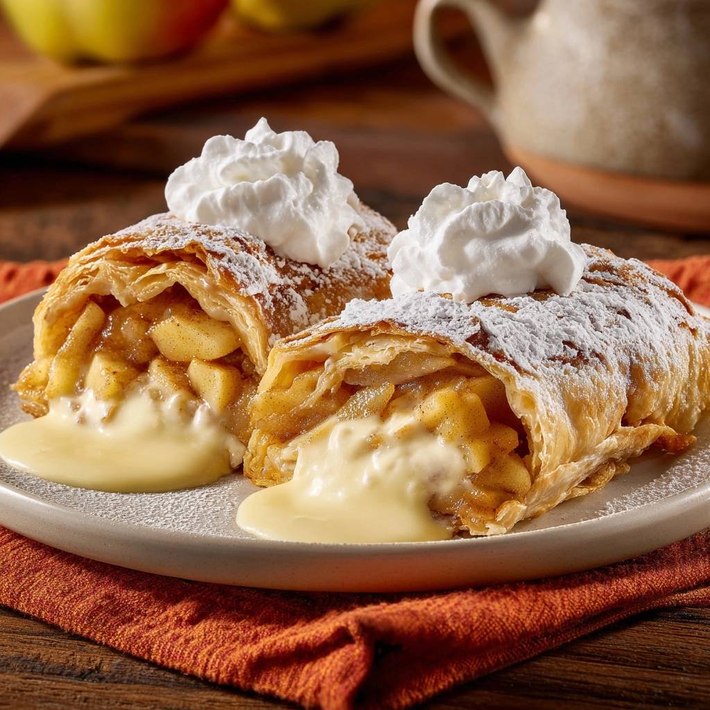 Knuspriger Apfel Quark Strudel Querschnitt Serviert 1 Knuspriger Apfel-Quark-Strudel, serviert und angeschnitten, zeigt eine cremige Quarkfüllung, garniert mit Sahnehäubchen und Puderzucker.