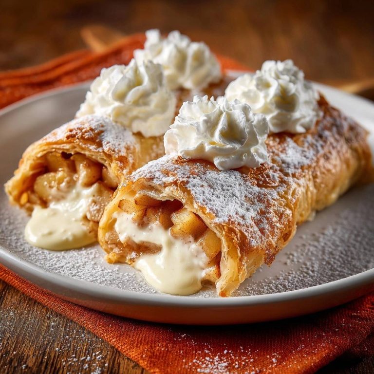 Knuspriger Apfel-Quark-Strudel, serviert auf einem Teller, zeigt einen verlockenden Querschnitt mit cremiger Füllung und Sahnehäubchen.