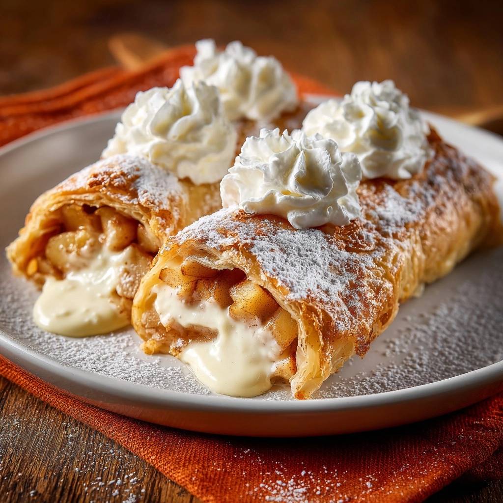 Knuspriger Apfel-Quark-Strudel, serviert auf einem Teller, zeigt einen verlockenden Querschnitt mit cremiger Füllung und Sahnehäubchen.