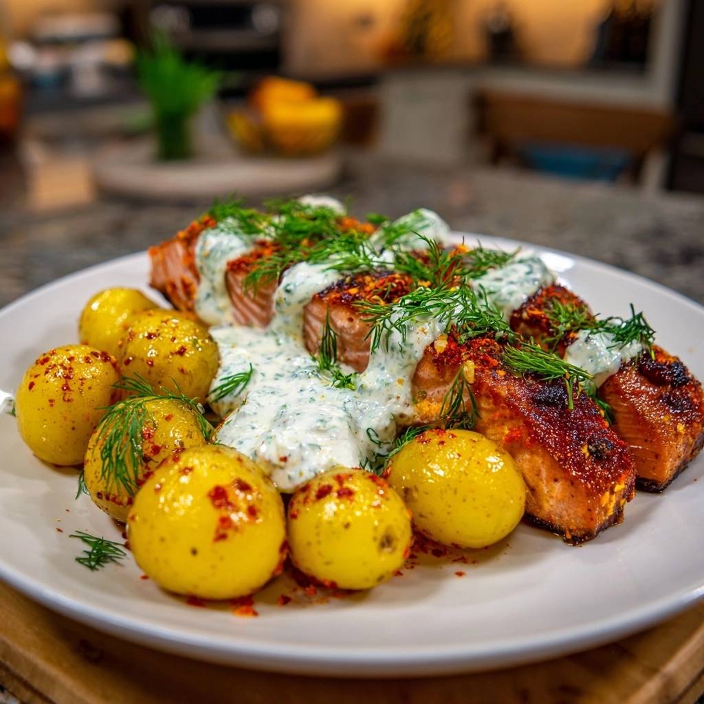 Knuspriger Dill Lachs Mit Paprika Kartoffeln Serviert 1 Knuspriger Dill-Lachs mit Paprika-Kartoffeln serviert auf einem weißen Teller, garniert mit frischem Dill und einer cremigen Sauce.