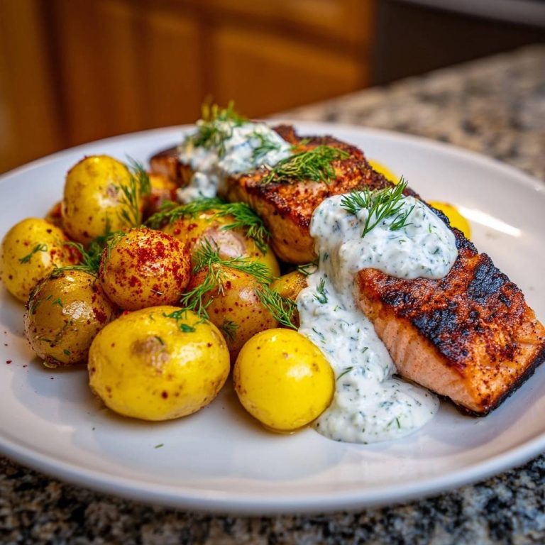Knuspriger Dill-Lachs mit Paprika-Kartoffeln, serviert auf einem weißen Teller, garniert mit frischem Dill und einer cremigen Sauce.