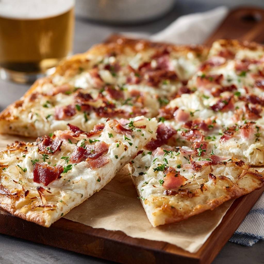 Knuspriger Flammkuchen Mit Speck Und Zwiebeln Angeschnitten 1 Knuspriger Flammkuchen mit Speck und Zwiebeln, serviert auf einem Holzbrett, zeigt eine Ansicht des angeschnittenen Fladenbrots mit knusprigem Belag.