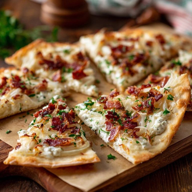 Knuspriger Flammkuchen mit Speck und Zwiebeln, serviert auf einem Holzbrett, mit dem Anschnitt, der die leckeren Zutaten zeigt.