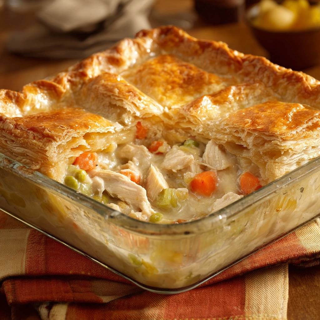 Knuspriger Haehnchen Pot Pie Nahaufnahme 1 Knuspriger Hähnchen-Pot-Pie in einer Nahaufnahme, der goldbraune Blätterteig und die cremige Füllung mit Gemüse zeigt.