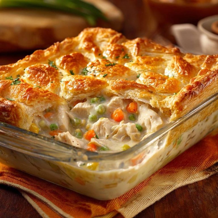 Knuspriger Hähnchen-Pot-Pie mit einem Anschnitt, der das cremige Innere mit Huhn und Gemüse zeigt, zubereitet in einer Glasform.