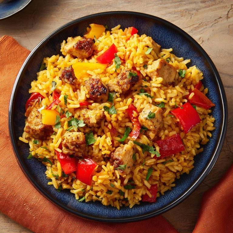 Knuspriger Hähnchen-Paprika-Reis, von oben betrachtet, zeigt die goldgelbe Reisbasis mit saftigen Hähnchenstücken und bunten Paprika-Stücken.