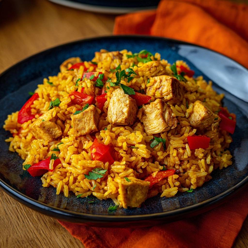 Knuspriger Huhn Paprika Reis Serviert 1 Knuspriger Hähnchen-Paprika-Reis serviert auf einem blauen Teller. Das goldgelbe Reisgericht ist mit Paprika und Hähnchenstücken garniert.