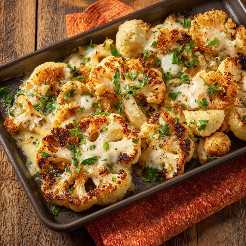 Knuspriger Kase Blutenkohl Serviert Von Oben 1 Knuspriger Käse-Blütenkohl, serviert in einer Auflaufform, mit geschmolzenem Käse und frischen Kräutern garniert. Ein köstliches vegetarisches Gericht.