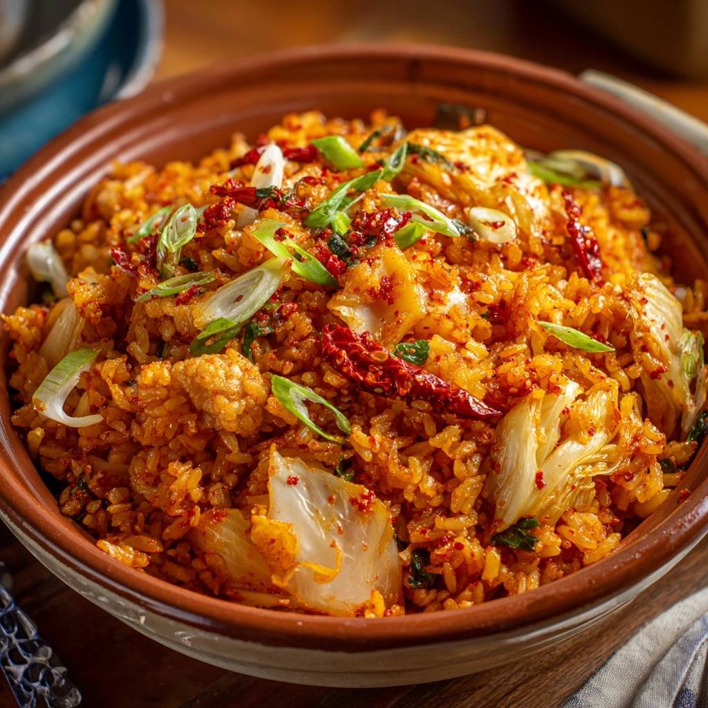 Knuspriger Kimchi Fried Rice Draufsicht Serviert 1 Knuspriger Kimchi Fried Rice in einer Schüssel serviert, garniert mit frischen Frühlingszwiebeln und getrockneten Chiliflocken.