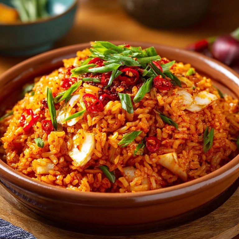 Knuspriger Kimchi Fried Rice in einer Schüssel serviert, garniert mit frischen Frühlingszwiebeln und Chiliringen, von oben fotografiert.