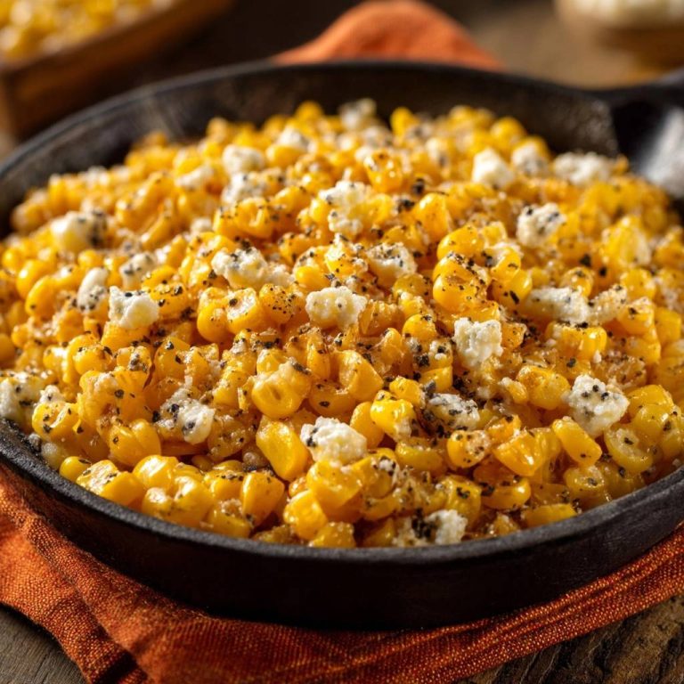 Knuspriger Pfannen-Mais mit Feta in der Pfanne, von oben fotografiert. Der Mais ist mit Feta-Käse und schwarzen Pfefferkörnern garniert.