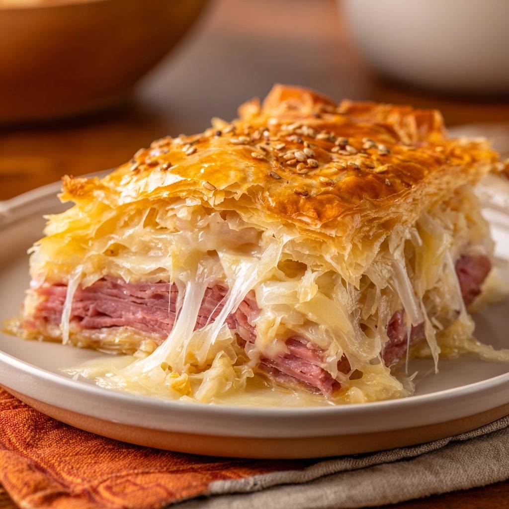 Knuspriger Sauerkraut Puten Auflauf Querschnitt 1 Knuspriger Sauerkraut-Puten-Auflauf zeigt hier einen köstlichen Querschnitt, der die geschichteten Zutaten und den geschmolzenen Käse offenbart.
