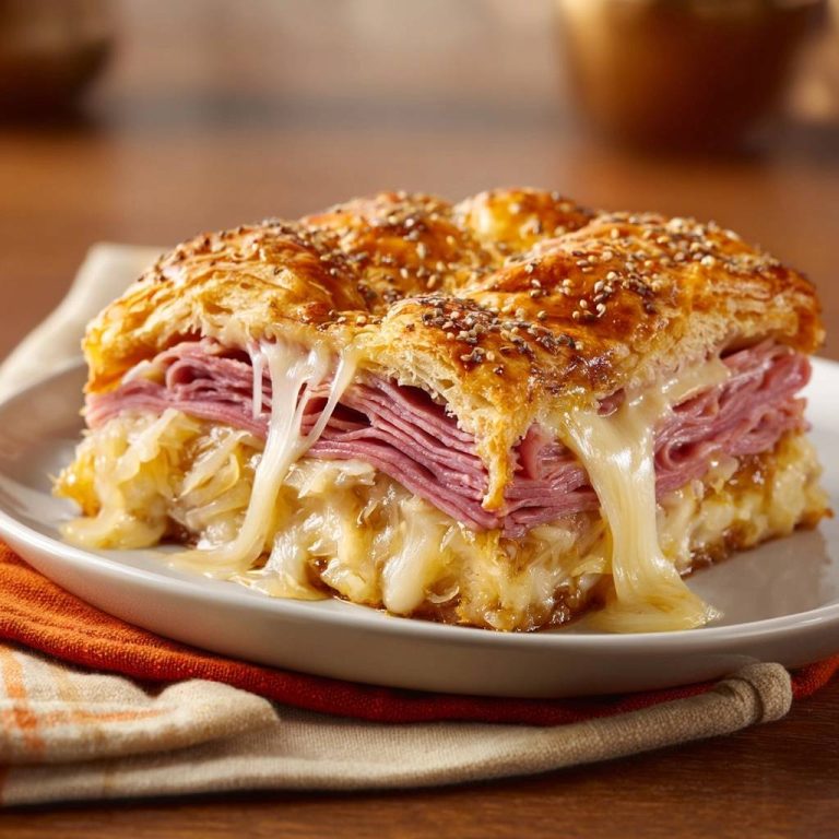Knuspriger Sauerkraut-Puten-Auflauf zeigt einen köstlichen Querschnitt, der geschmolzenen Käse, knusprigen Teig und saftiges Putenfleisch offenbart.
