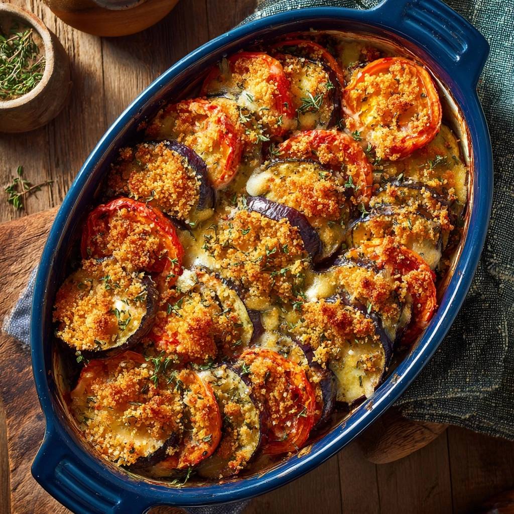 Knuspriges Auberginen Tomaten Gratin Draufsicht 1 Knuspriges Auberginen-Tomaten-Gratin von oben: Ein Ofen-Gratin mit gebratenen Auberginen- und Tomatenscheiben, knuspriger Kruste und Kräutern.