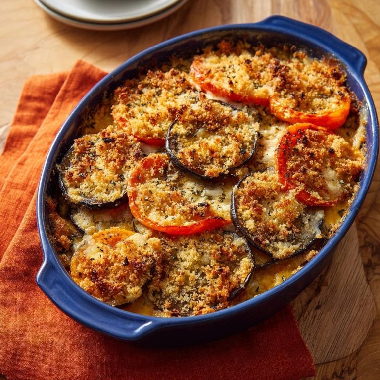 Knuspriges Auberginen-Tomaten-Gratin in einer blauen Auflaufform, serviert in einer Nahaufnahme von oben, mit knuspriger Kruste.