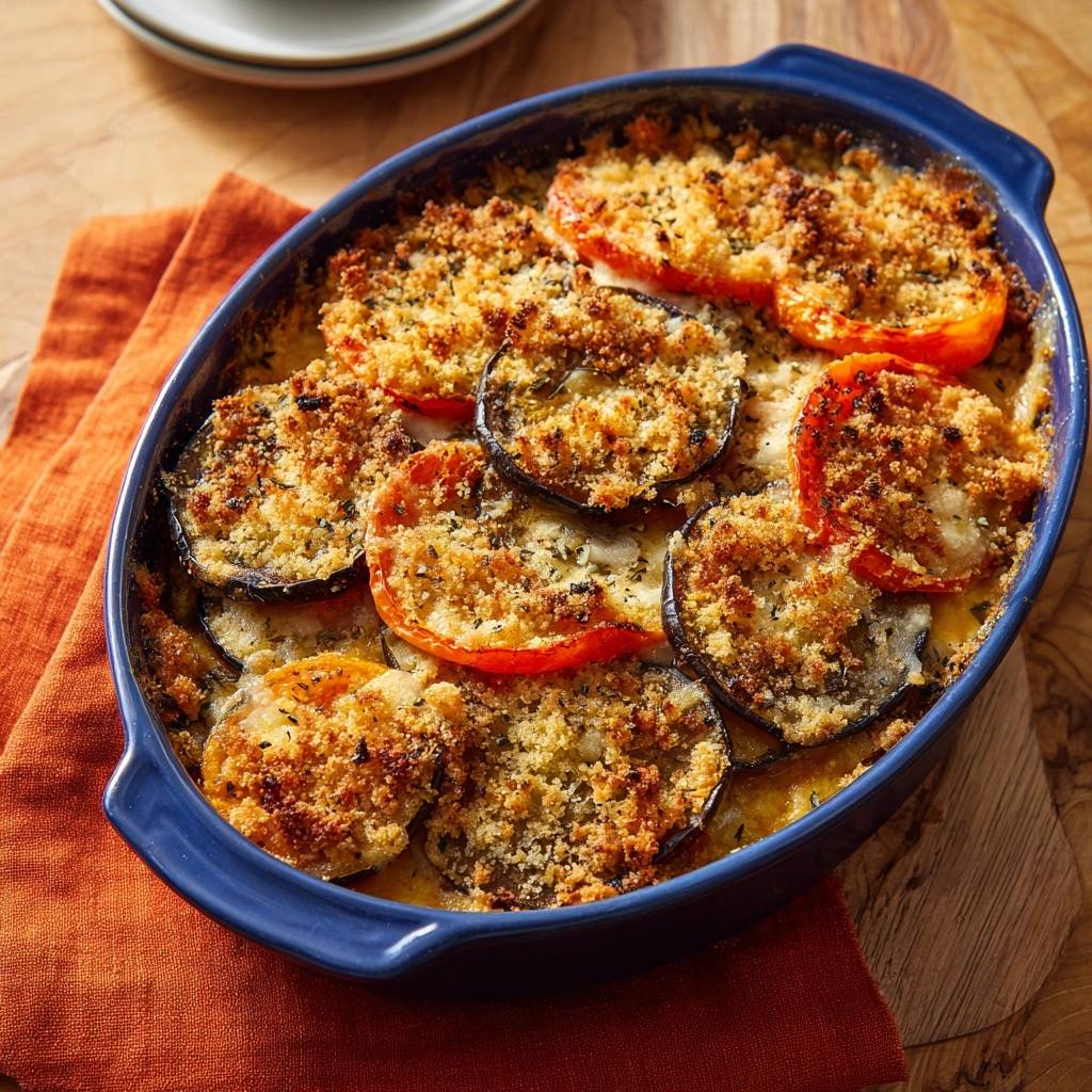 Knuspriges Auberginen-Tomaten-Gratin in einer blauen Auflaufform, serviert in einer Nahaufnahme von oben, mit knuspriger Kruste.