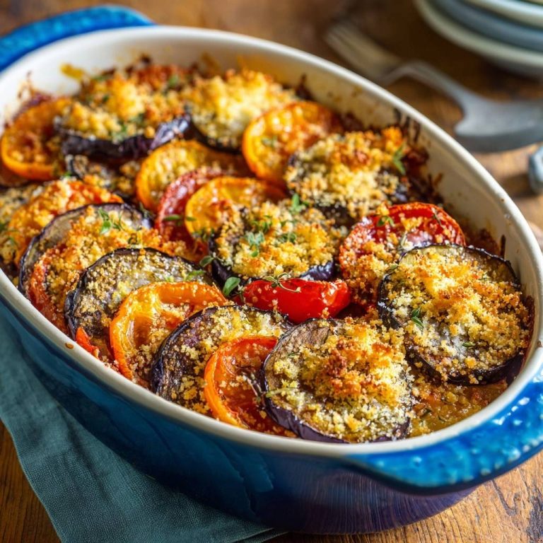 Knuspriges Auberginen-Tomaten-Gratin in einer blauen Auflaufform, serviert in einer Nahaufnahme von oben mit knuspriger Kruste.