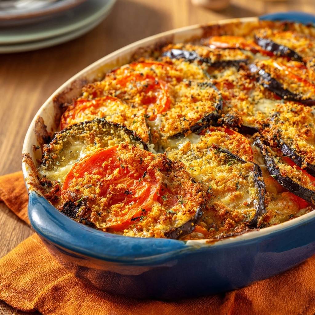 Knuspriges Auberginen Tomaten Gratin Von Oben 1 Knuspriges Auberginen-Tomaten-Gratin aus dem Ofen, mit knuspriger Kruste und frisch gebackenen Tomaten und Auberginen, von oben fotografiert.