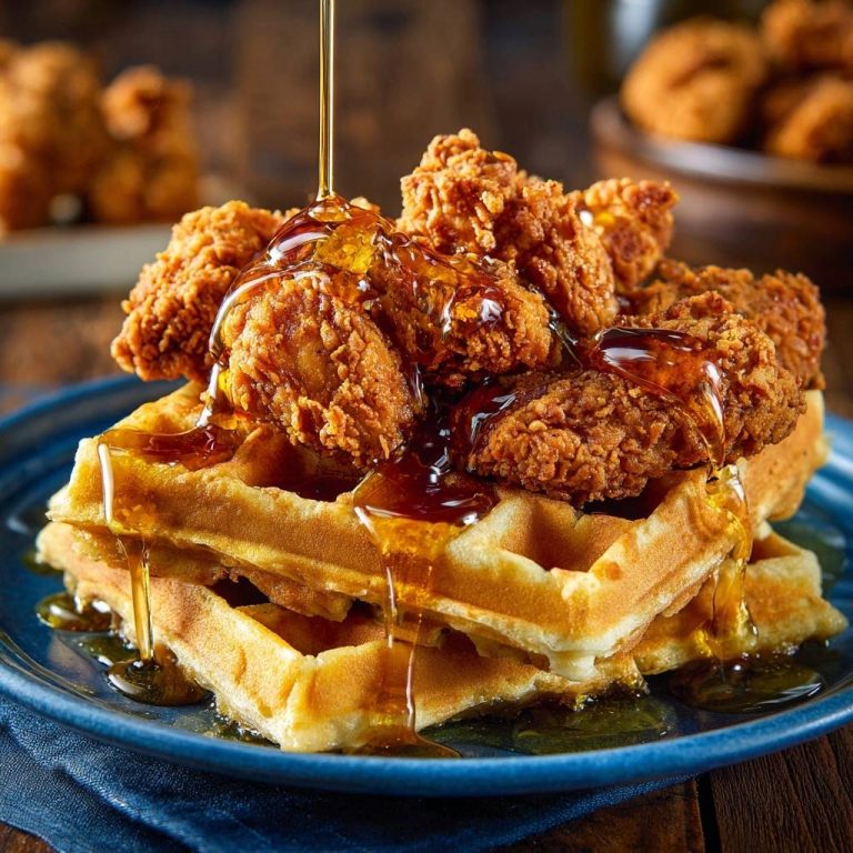 Knuspriges Hähnchen auf Waffeln, serviert mit Ahornsirup, in einer Nahaufnahme, die die knusprige Textur des Hähnchens und der Waffeln zeigt.