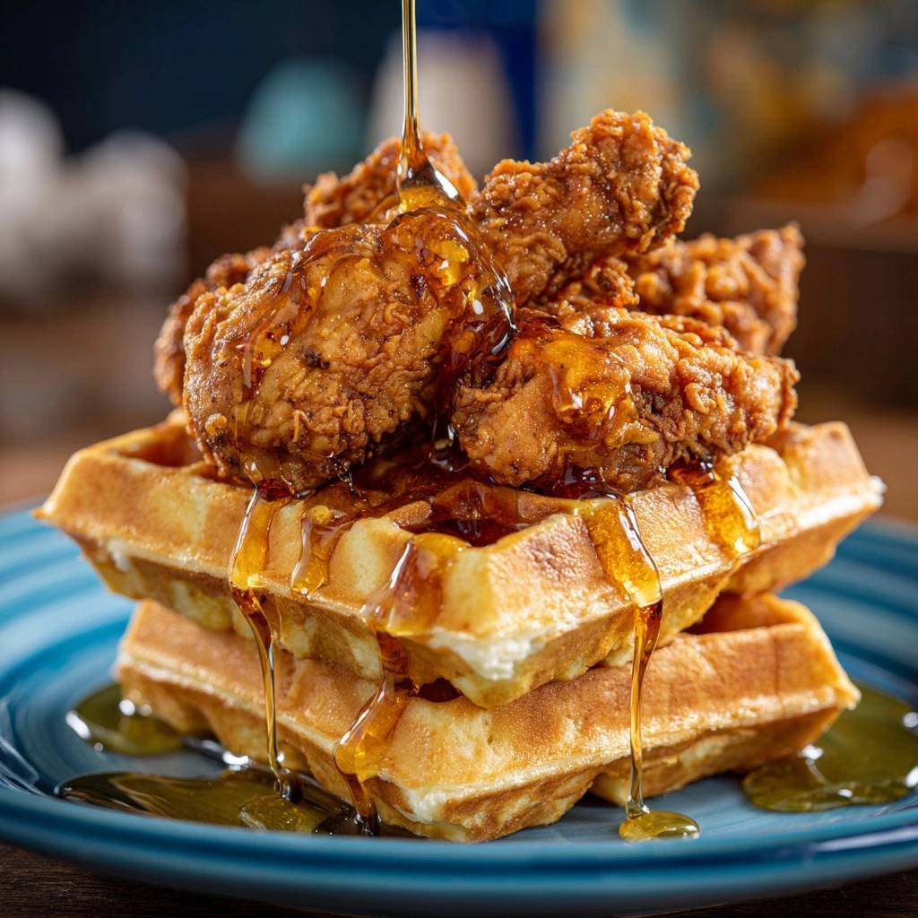 Knuspriges Hahnchen Auf Waffeln Nahaufnahme Mit Sirup 1 Knuspriges Hähnchen auf Waffeln, serviert mit goldenem Ahornsirup, der über die knusprigen Hähnchenstücke und Waffeln fließt.