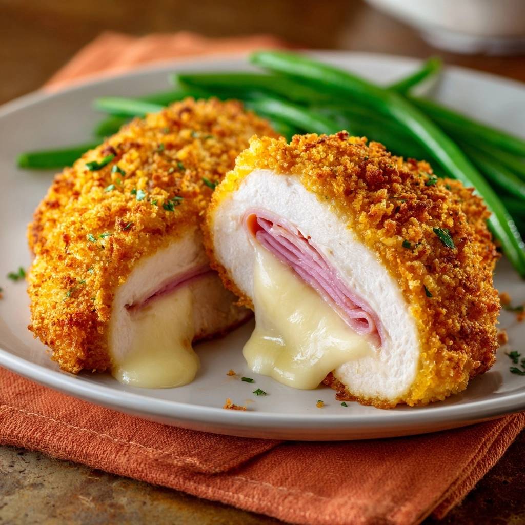Knuspriges Huhn Cordon Bleu Querschnitt 1 Knuspriges Hähnchen Cordon Bleu zeigt einen verlockenden Querschnitt, der mit schmelzendem Käse und zartem Schinken gefüllt ist. Dazu grüne Bohnen.