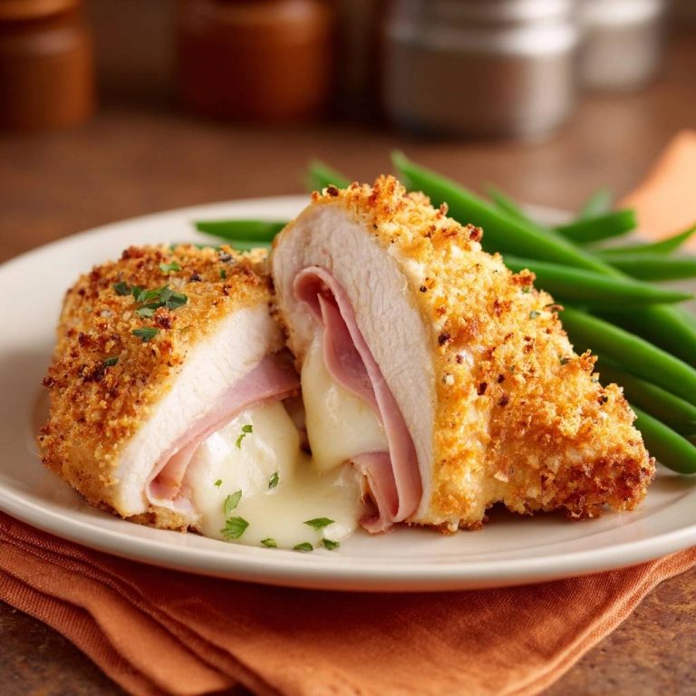 Knuspriges Hähnchen Cordon Bleu im Querschnitt, gefüllt mit Schinken und geschmolzenem Käse, serviert mit grünen Bohnen.