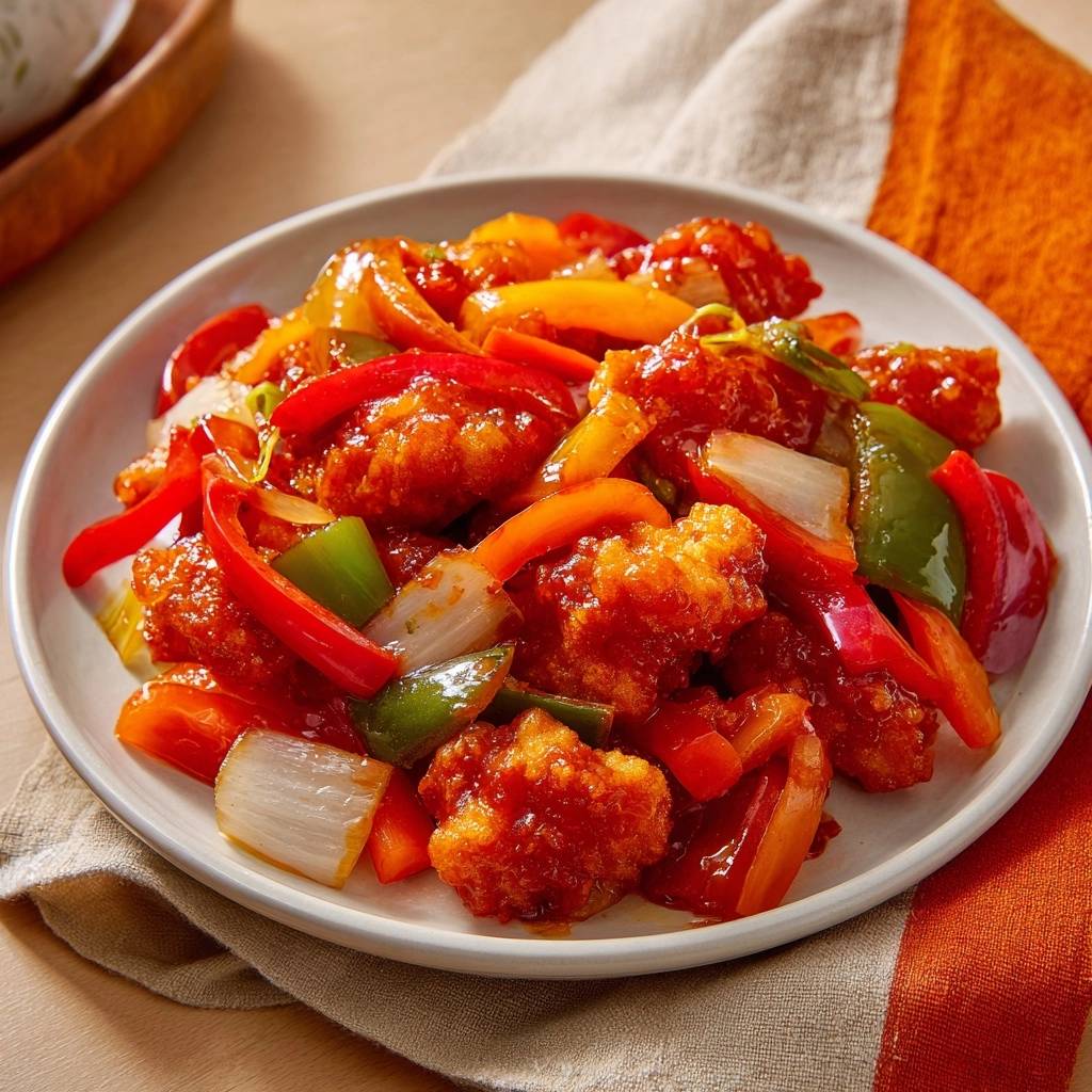 Knuspriges Huhnchen Mit Paprikamix Serviert 1 Knuspriges Hähnchen mit Paprikamix serviert auf einem weißen Teller, angerichtet mit farbenfrohen Paprikastreifen und einer süß-sauren Sauce.