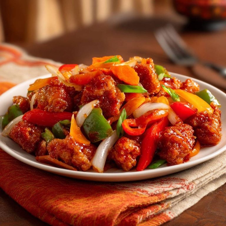 Knuspriges Hähnchen mit Paprikamix, serviert auf einem weißen Teller, präsentiert mit buntem Paprika und Zwiebeln. Diese köstliche Mahlzeit ist perfekt zubereitet.