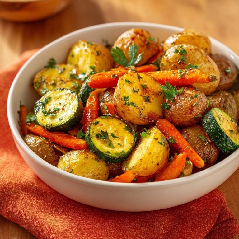 Knuspriges Ofengemüse mit Kartoffeln, Zucchini & Karotten in einer weißen Schüssel, Nahaufnahme der gebräunten Oberfläche.