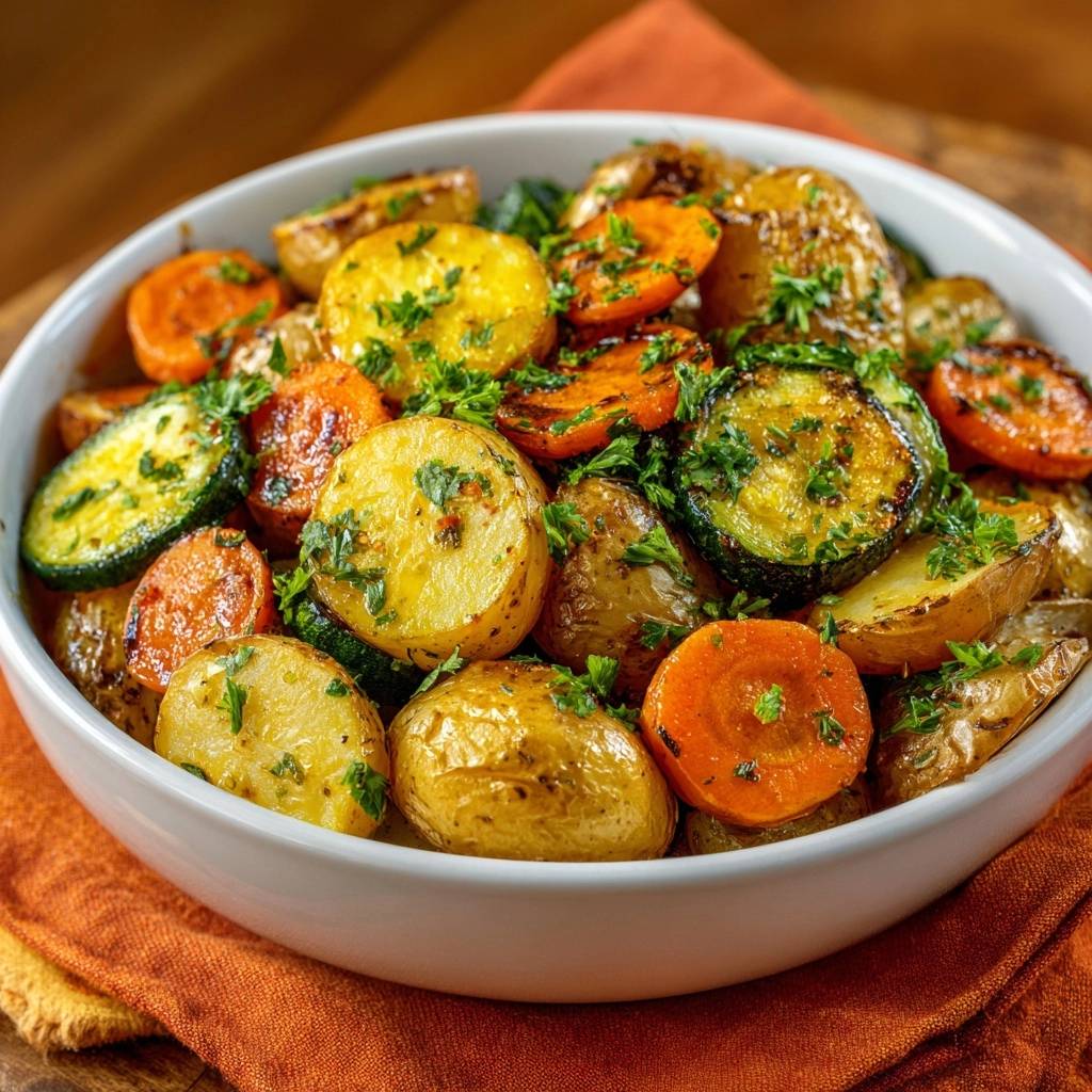 Knuspriges Ofengemuese Mit Kartoffeln Zucchini Karotten Drau 1 Knuspriges Ofengemüse mit Kartoffeln, Zucchini & Karotten in einer Schüssel, serviert mit frischen Kräutern und einem Hauch von Öl.