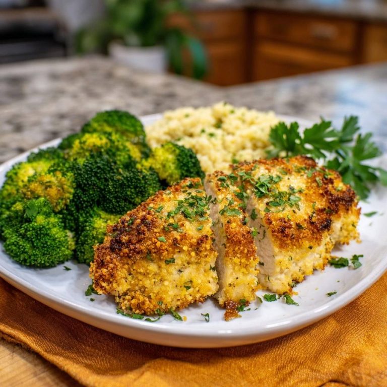 Knuspriges paniertes Hähnchen mit Broccoli und Couscous serviert auf einem weißen Teller, garniert mit frischer Petersilie. Die goldbraune Kruste des Hähnchens ist deutlich zu sehen.